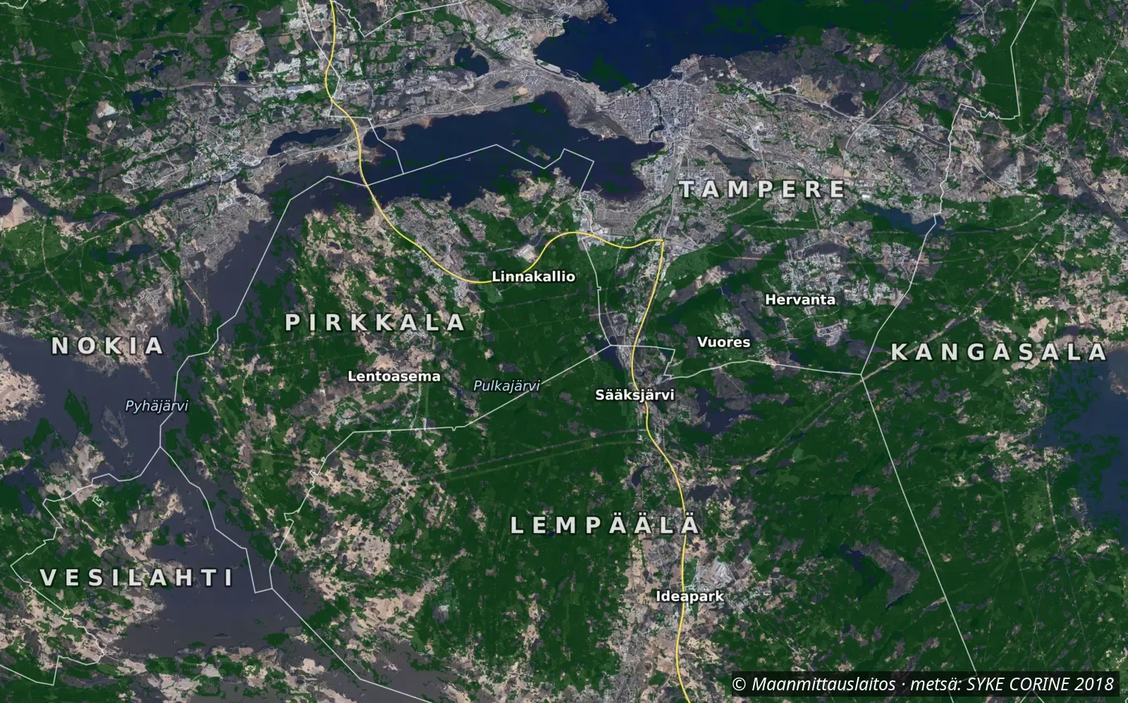 Ilmakuva Lempäälän ja Pirkkalan välisestä metsäalueesta nykytilassa.